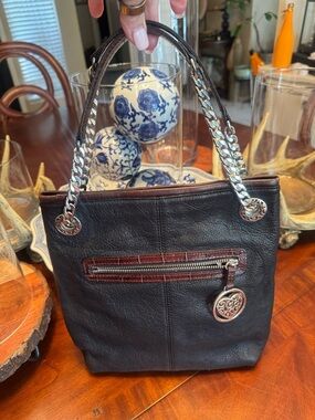 Black Leather Chain-Handle Tote with Brown Trim